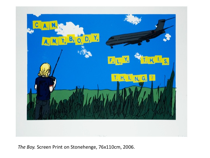 janefontane, jane fontane, young Australian artist, Sydney, newtown paddington, pop art, kudos gallery, college of fine arts, COFA, screenprint, blonde boy, original, aeroplane, airplane, can anybody fly this thing?