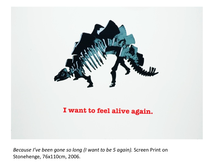 janefontane, jane fontane, young Australian artist, Sydney, newtown paddington, pop art, kudos gallery, college of fine arts, COFA, screenprint, vintage 1980s eighties, dinosaur skeleton fossil, silhouette, I want to feel alive, retro toys