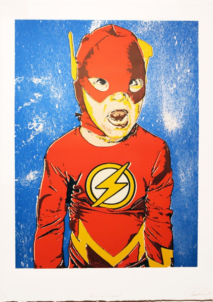 janefontane, jane fontane, young Australian artist, Sydney, newtown paddington, pop art, superhero, art gallery, superman batman robin, captain America, flash, spiderman, comic book art, kudos gallery, college of fine arts, COFA, chances we take, screenprint, child dress-ups, dressing up fantasy