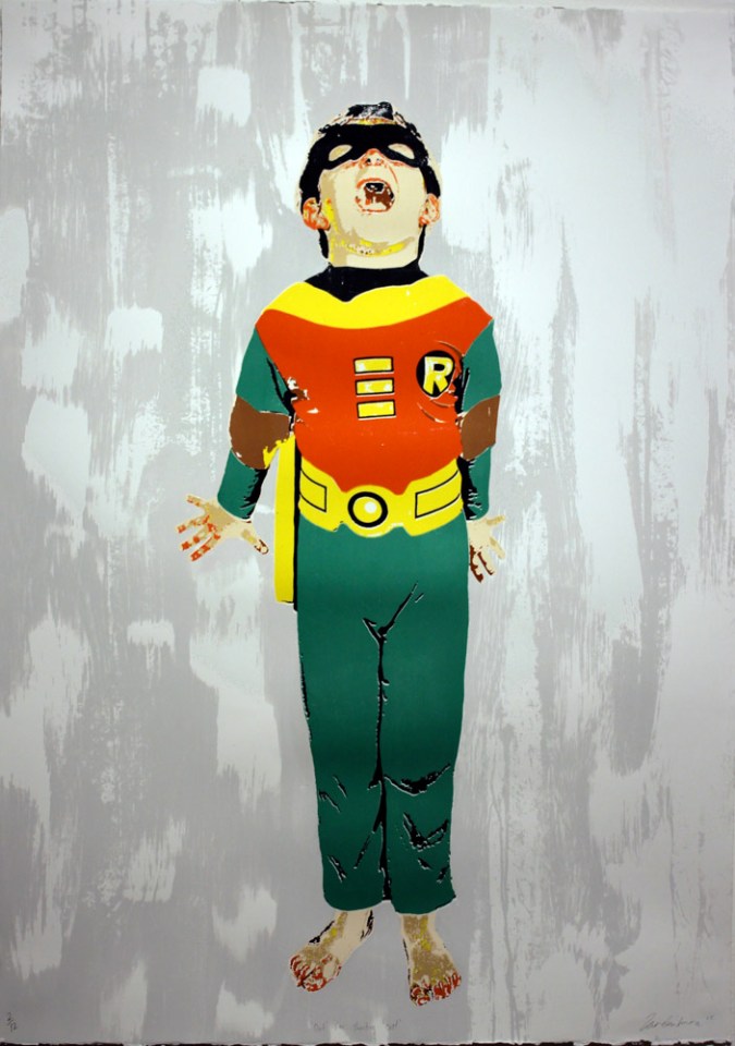 janefontane, jane fontane, young Australian artist, Sydney, newtown paddington, pop art, superhero, art gallery, superman batman robin, captain America, flash, spiderman, comic book art, kudos gallery, college of fine arts, COFA, chances we take, screenprint, child dress-ups, dressing up fantasy
